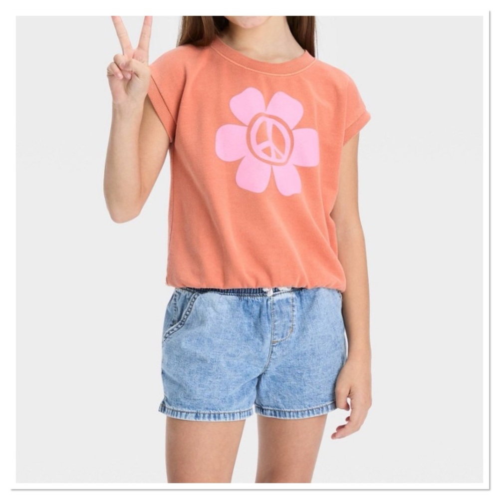 Girl’s Short Sleeve French Terry Peace Sign Top